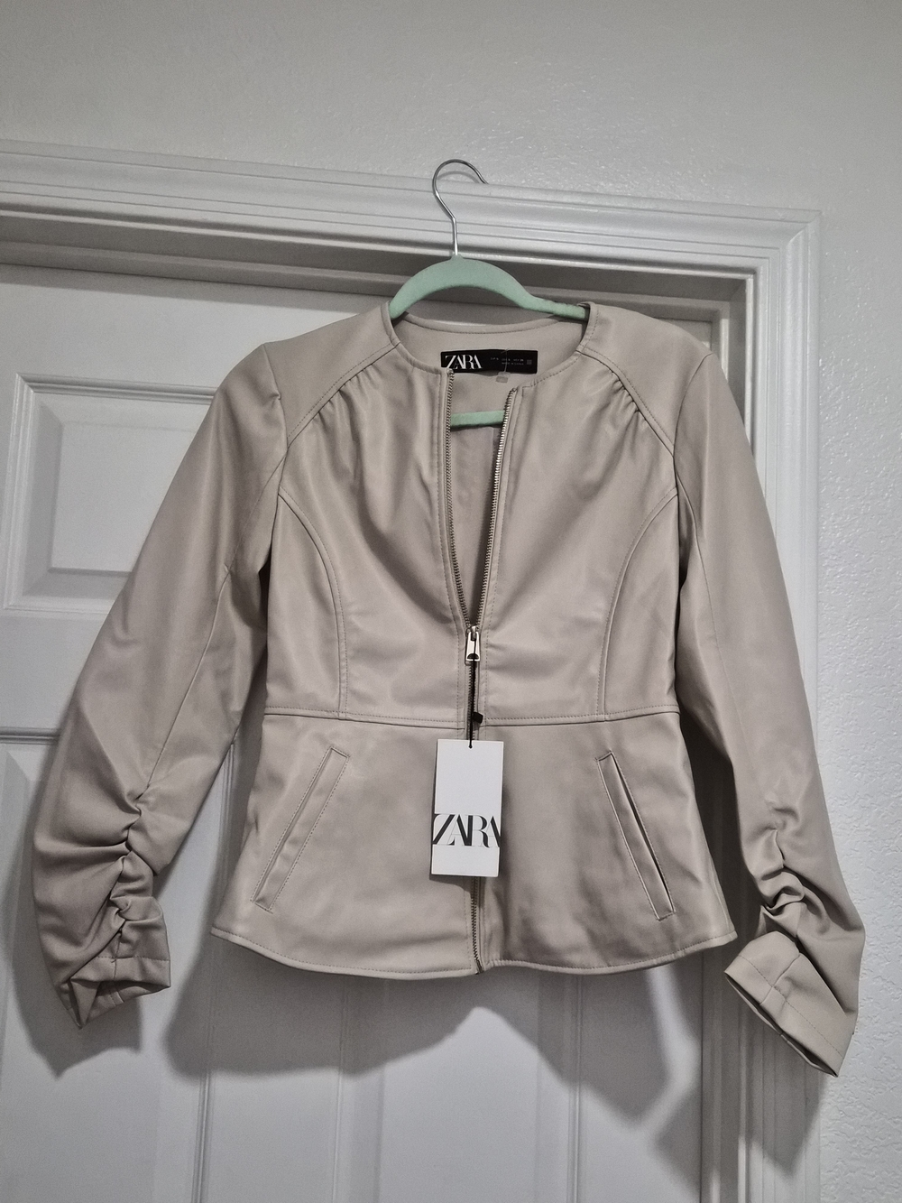 Zara Cream Faux Leather Zip-Front Jacket